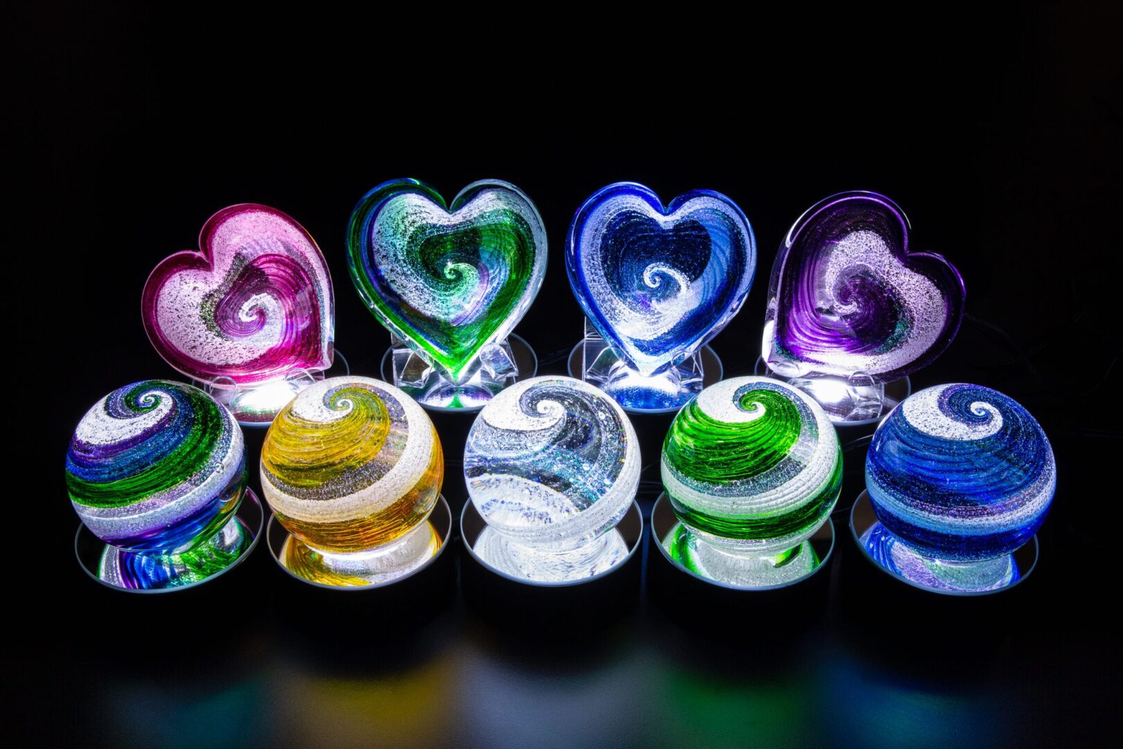 Hearts and Orbs on lighted<br> bases and Heart stands