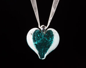 Cremation jewelry pendant with ashes and teal, 18K white gold-plated necklace bail